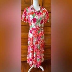 Vibrant Floral Midi Dress in Pink and Green